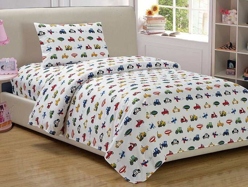Linen Plus طقم شراشف من الكتان بلس للأولاد/المراهقين شاحنات سيارات جرارات شرطة طائرات بالونات أبيض أصفر أحمر أخضر أزرق شريحة مسطحة وشريحة ملائمة وغطاء وسادة توأم جديد - Image 2